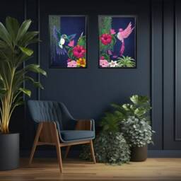 Tropical Birds Print Set - Vibrant Jungle Maximalist Wall Art On Dark Blue Background - thumbnail 2