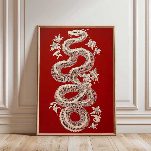 Red Dragon Wall Art, Oriental Serpent Poster With White Detailing, Asian Mythology Inspired Print For Modern Interiors - image 1