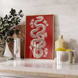Red Dragon Wall Art, Oriental Serpent Poster With White Detailing, Asian Mythology Inspired Print For Modern Interiors - thumbnail 3