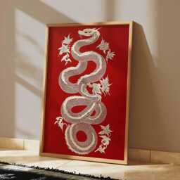 Red Dragon Wall Art, Oriental Serpent Poster With White Detailing, Asian Mythology Inspired Print For Modern Interiors - thumbnail 2