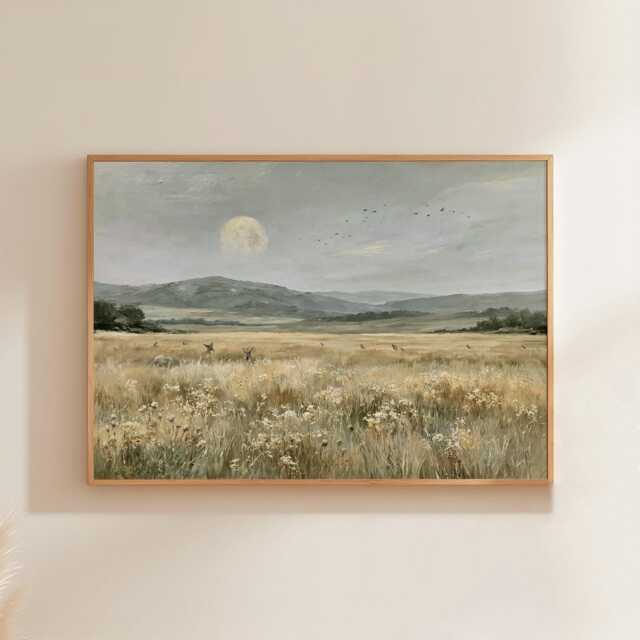 Moon Meadow Poster, Wildflower Landscape Print, Nature Wall Art, Paper - image 1