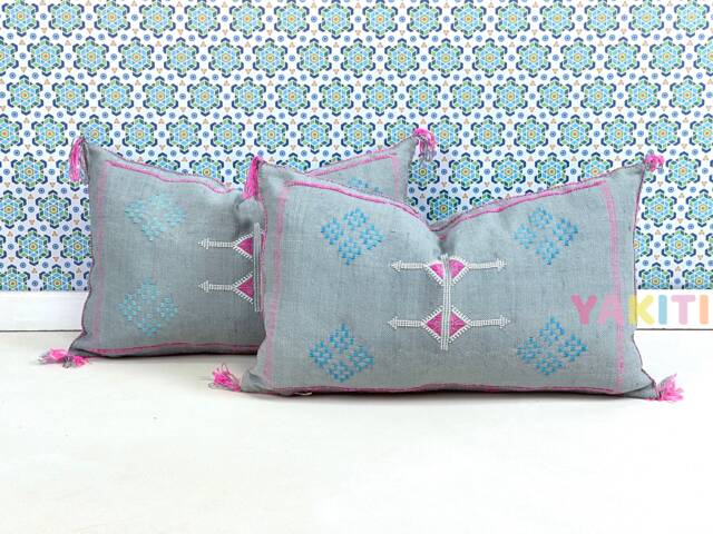 Yakiti-Turquoise Square Moroccan Pillows , Aka Cactus Silk Pillow, Decorative Pillows, Sabra Pillows, Moroccan Decor Designer Cactus - image 1