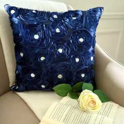 Navy Blue Art Silk Ribbon Embroidered Rose Decorative Throw Pillow Cover, 16x16 Modern Cushion Floral Pillowcase - Paradise - thumbnail 3