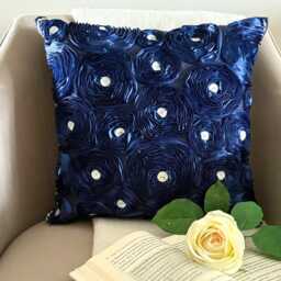 Navy Blue Art Silk Ribbon Embroidered Rose Decorative Throw Pillow Cover, 16x16 Modern Cushion Floral Pillowcase - Paradise - thumbnail 1