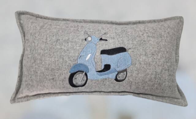 Handmade Wool Cushion, Embroidered Scooter Design, Vespa Lambretta Style - image 1