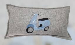 Handmade Wool Cushion, Embroidered Scooter Design, Vespa Lambretta Style - thumbnail 1