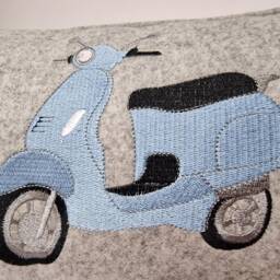 Handmade Wool Cushion, Embroidered Scooter Design, Vespa Lambretta Style - thumbnail 3
