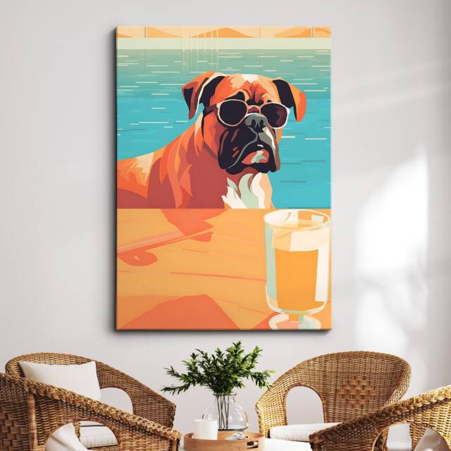 Vibrant Boxer in Pool Drinking With Glasses Painting Framed Poster Print & Canvas Wall Decor Art Bedroom Home Interior Dog Lover Gift - image 1