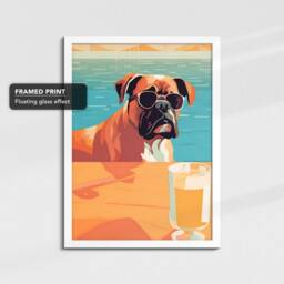 Vibrant Boxer in Pool Drinking With Glasses Painting Framed Poster Print & Canvas Wall Decor Art Bedroom Home Interior Dog Lover Gift - thumbnail 3