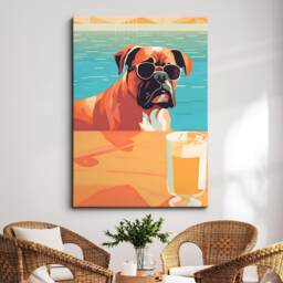 Vibrant Boxer in Pool Drinking With Glasses Painting Framed Poster Print & Canvas Wall Decor Art Bedroom Home Interior Dog Lover Gift - thumbnail 1