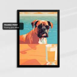 Vibrant Boxer in Pool Drinking With Glasses Painting Framed Poster Print & Canvas Wall Decor Art Bedroom Home Interior Dog Lover Gift - thumbnail 2