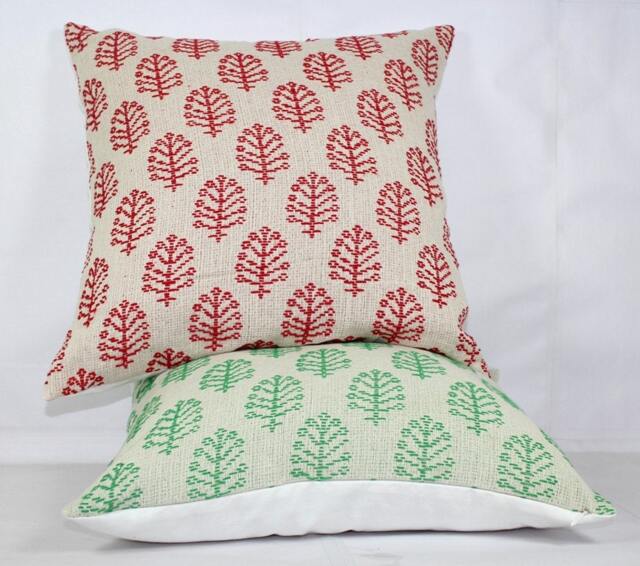 Handmade Cotton Throw Pillow Cover Red & Green Tree Print - image 1