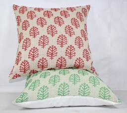 Handmade Cotton Throw Pillow Cover Red & Green Tree Print - thumbnail 1