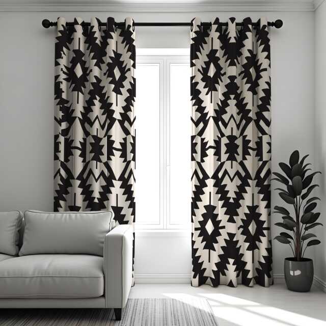 Black & White Aztec Curtains, Bold Geometric Window Panels, Modern Tribal Drapes, Minimalist Monochrome Living Room Decor - image 1