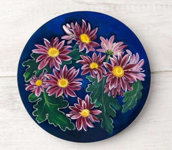 Chrysanthemums Flower Wood Plate Home Decor. Decorative Art Hand Painting Wall Decoration. 205 Mm - image 1