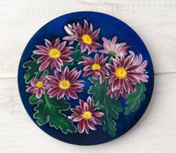 Chrysanthemums Flower Wood Plate Home Decor. Decorative Art Hand Painting Wall Decoration. 205 Mm - thumbnail 1