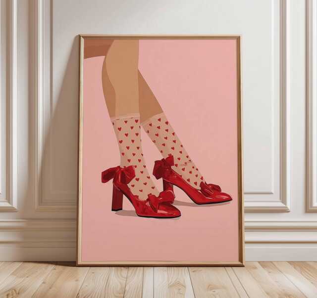 Red Shoes Wall Art, Retro Fashion Illustration Poster, Heart Socks Print, Modern Pop Girly Aesthetic Decor - image 1