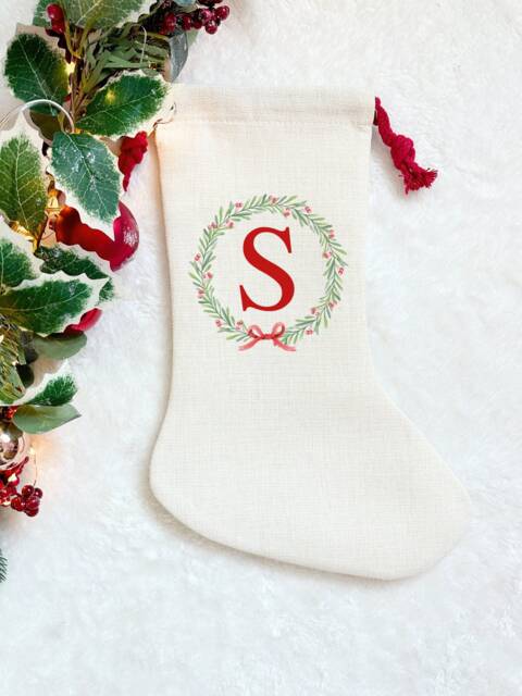 Initial Christmas Stocking, Family Xmas Stocking Name, Traditional Printed Linen - image 1