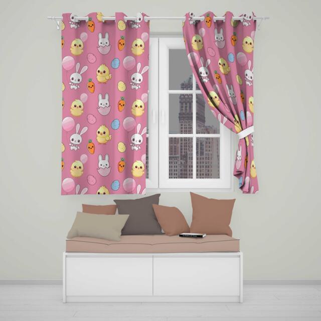 Cute Easter Bunny Chick Carrot Egg Pink Background Seamless Pattern Readymade Eyelet Ring Top Thermal 100% Blackout Curtains - image 1