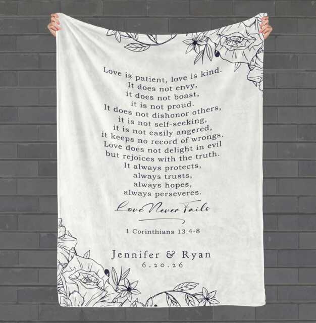1 Corinthians Love Is Patient Gift For Couple Wedding Gift, Throw Blanket Personalized Names Date, Minimalist Floral, Black Beige Christian - image 1