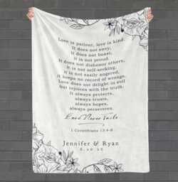 1 Corinthians Love Is Patient Gift For Couple Wedding Gift, Throw Blanket Personalized Names Date, Minimalist Floral, Black Beige Christian - thumbnail 1