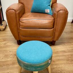 Emerald Sea Velvet Footstool With Turquoise Harris Tweed Detail - thumbnail 4