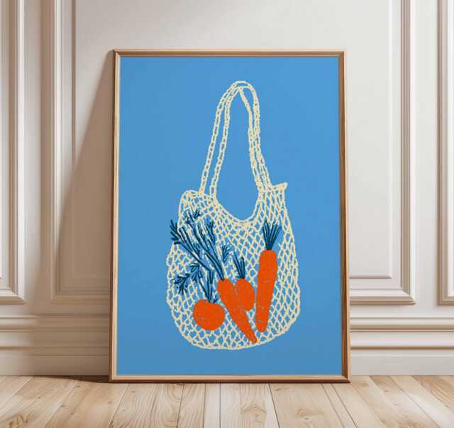 Modern Vegetable Wall Art Print, Carrots in Net Bag Poster, Minimalist Kitchen Decor, Contemporary Still Life Food Artwork - image 1