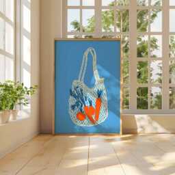 Modern Vegetable Wall Art Print, Carrots in Net Bag Poster, Minimalist Kitchen Decor, Contemporary Still Life Food Artwork - thumbnail 3