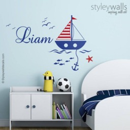 Nautical Wall Decal, Sailor Sailboat Decal Room Decor, Boat Personalized Name Nursery - thumbnail 1