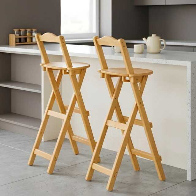 Bamboo Folding Bar Stool With Backrest & Footrest, Kitchen Counter, Space Saving Chair - image 1