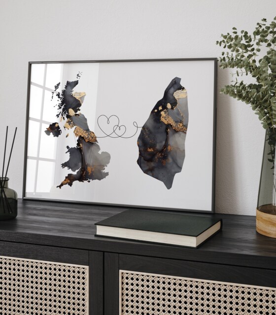 Britain & Saint Lucia Map Black & Gold Travel Wall Art Print - United Kingdom UK - image 1
