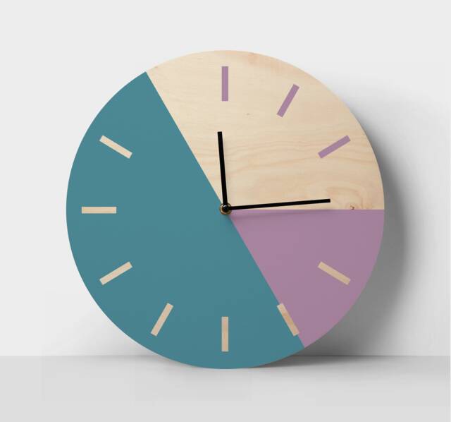 Minimalist Teal & Purple Wall Clock Scandinavian Geometric Wood Art - image 1