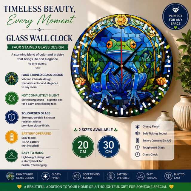Lucky Frog Glass Wall Clock Faux Stained Design - image 1