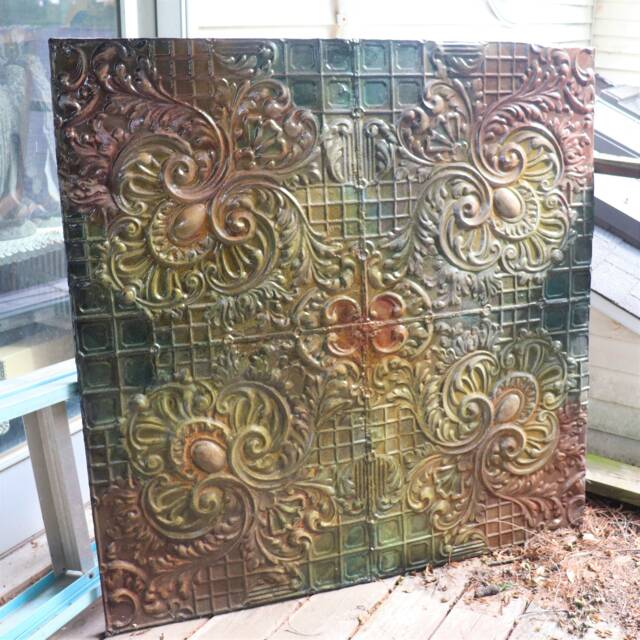 Rare Ex Large Antique Victorian Art Nouveau High Relief Ceiling Tin Tile Panel 1880S Sofa Collectible Ooak Salvaged Chicago Architectual - image 1