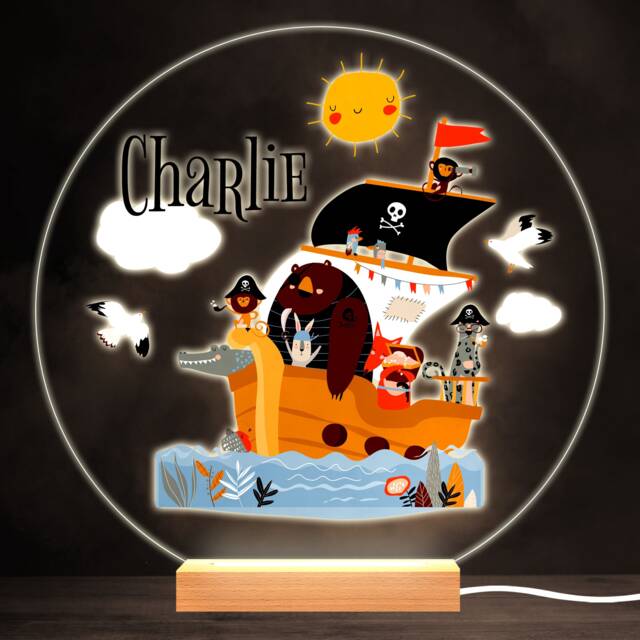 Animals Pirates Sailing Ship Colourful Round Personalised Gift Lamp Night Light - Bedroom - image 1