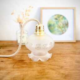 Vintage Wall Sconce Or Portable Lamp in Gilded Brass With A Frosted Engraved Glass Globe - French Elegance & Charm - thumbnail 2