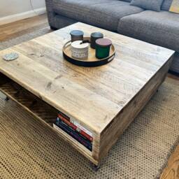 Handmade Reclaimed Wood Storage Coffee Table - Industrial Scaffold Board With Hairpin Legs - thumbnail 2