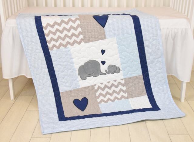 Elephant Baby Blanket, Blue Gray Navy Quilt, Crib Bedding, Chevron Grey Safari Nursery - image 1