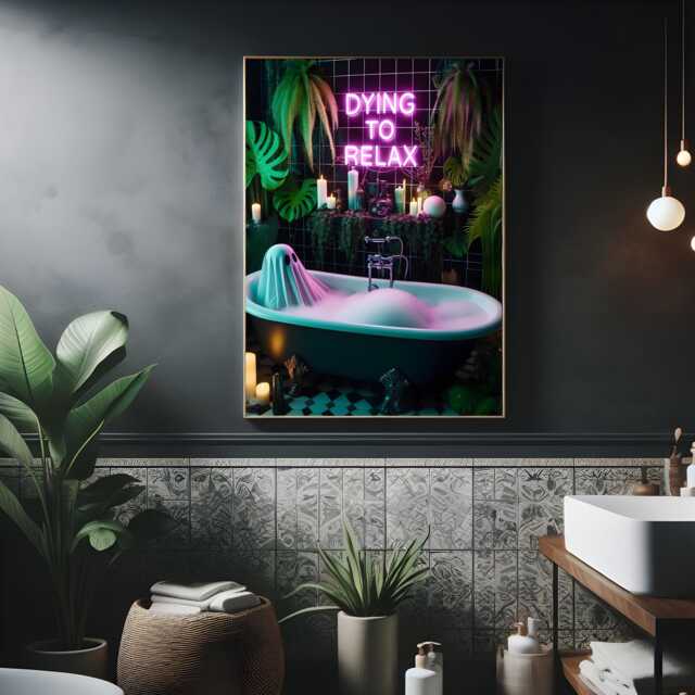 Dying To Relax - Tropigoth Bathroom Print, Gothic Decor, Neon Sign, Tropical Maximalism - image 1