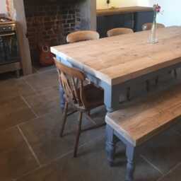 Large Rustic Pine Wood Dining Table & Matching Bench. Made To Measure, 7 Foot 2.1M, Thick Chunky Top, Grey Painted Farmhouse Base - thumbnail 2
