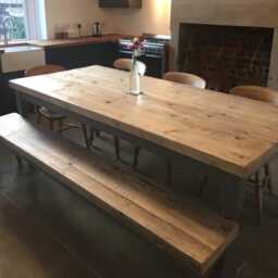 Large Rustic Pine Wood Dining Table & Matching Bench. Made To Measure, 7 Foot 2.1M, Thick Chunky Top, Grey Painted Farmhouse Base - thumbnail 3