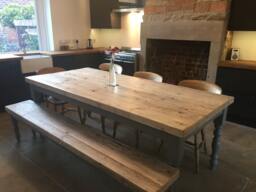 Large Rustic Pine Wood Dining Table & Matching Bench. Made To Measure, 7 Foot 2.1M, Thick Chunky Top, Grey Painted Farmhouse Base