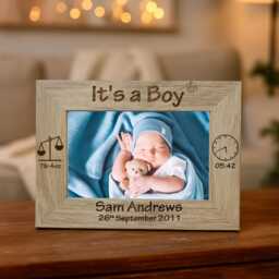 Newborn Baby Boy Personalised Engraved Wooden Photo Picture Frame - New Born Gifts - thumbnail 1