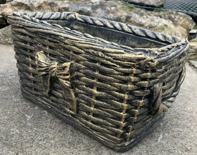 stone Garden Gold Wicker Basket Planter Plant Pot Ornament - image 1