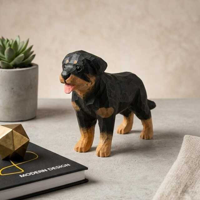 Hand-Carved Wooden Rottweiler Figurine - Realistic Hand-Painted Dog Sculpture - image 1