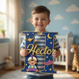 Personalized Aladdin Name Sign With Initial, Layered Wooden Nursery Wall Decor, Custom Baby Plaque, Magic Lamp Theme Letter - thumbnail 2