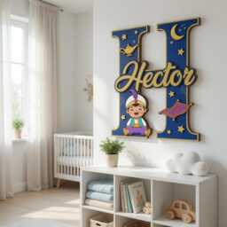 Personalized Aladdin Name Sign With Initial, Layered Wooden Nursery Wall Decor, Custom Baby Plaque, Magic Lamp Theme Letter - thumbnail 3