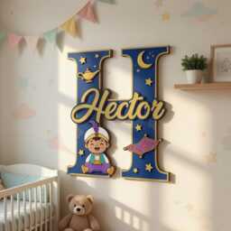 Personalized Aladdin Name Sign With Initial, Layered Wooden Nursery Wall Decor, Custom Baby Plaque, Magic Lamp Theme Letter - thumbnail 1
