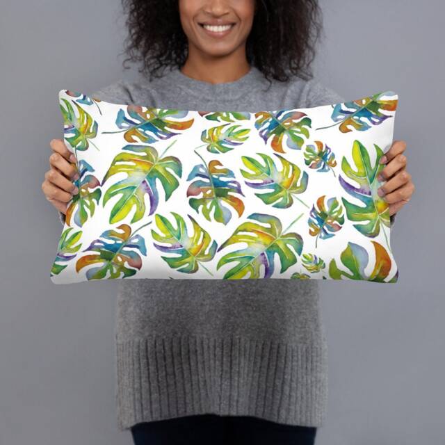 Hand Painted Watercolor Tropical Leaves Basic Pillow - image 1