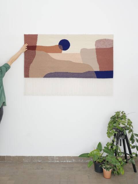 Artisan Tapestry Made Of Recycled Wool Ananke - Handcrafted Landscape Wall Hanging Unique Handwoven Kilim Inspired By Moon & Fiords - image 1